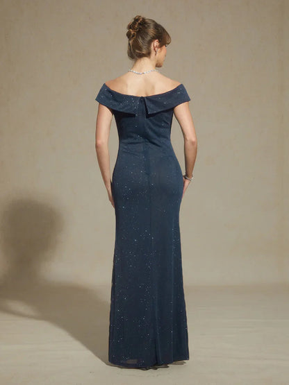 Off-Shoulder Floor-Length Gown with Rhinestone Detail