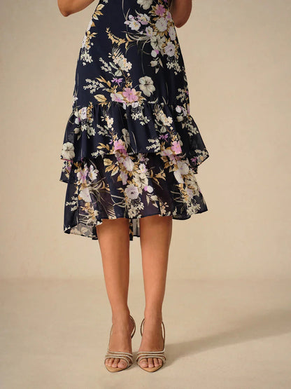 Floral Chiffon V Neck Ruffle Midi Dress