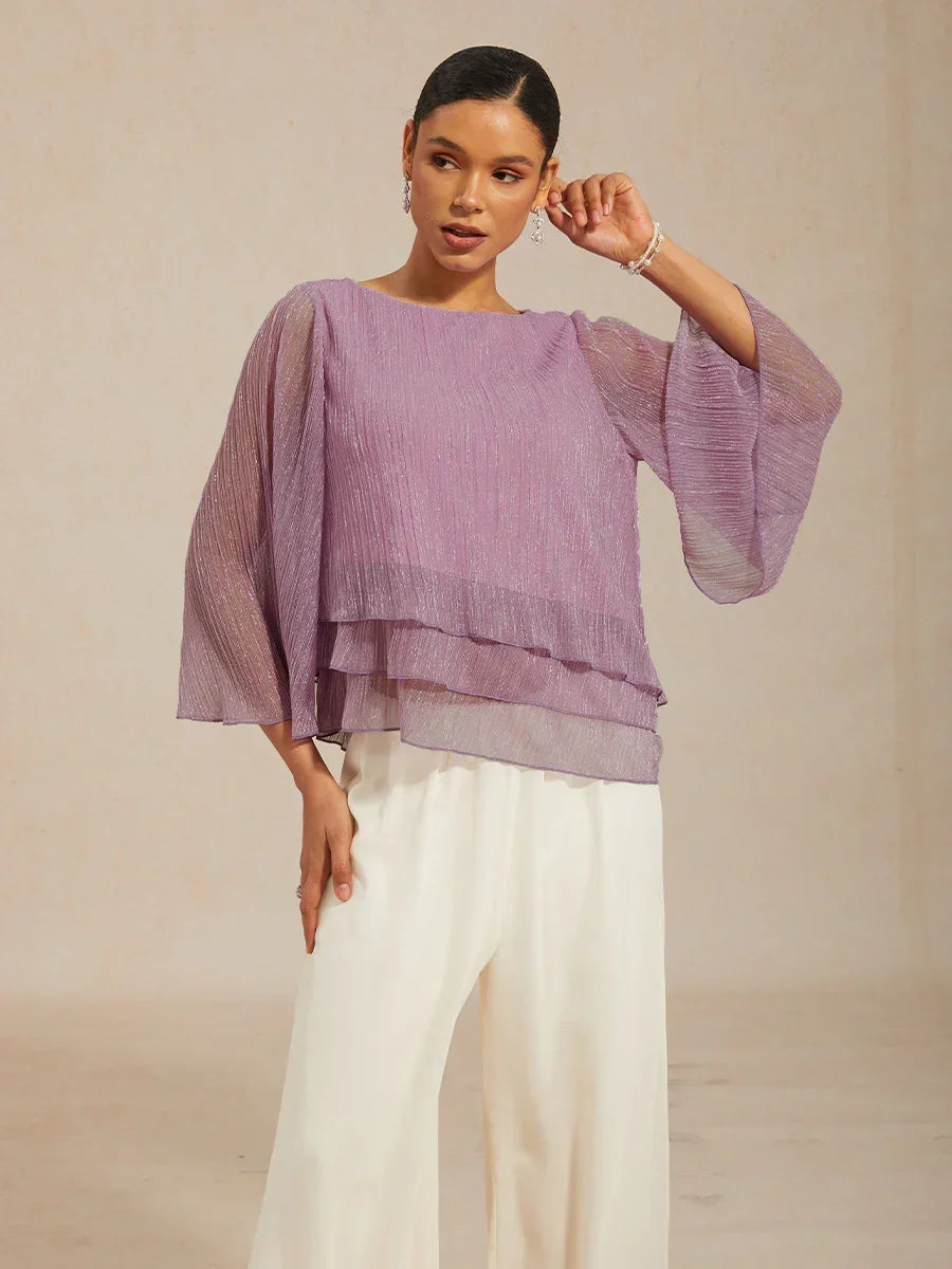 Metallic Pleated Chiffon Asymmetrical Layered Blouse