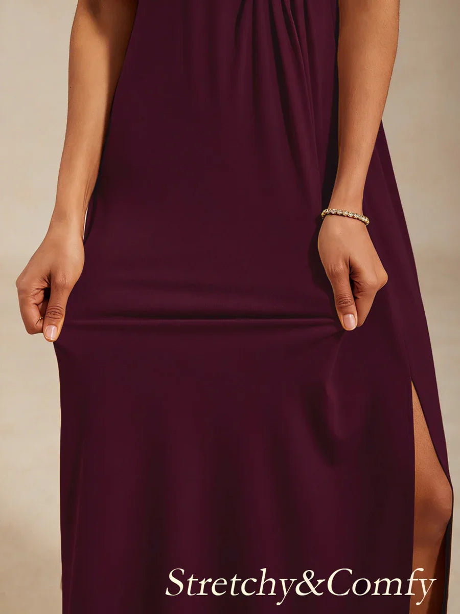 Draped Neck Jersey Evening Dress with Pleated Bodice