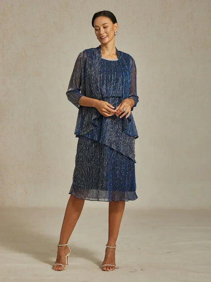 Metallic Pleated Chiffon Long Jacket with Layered Design