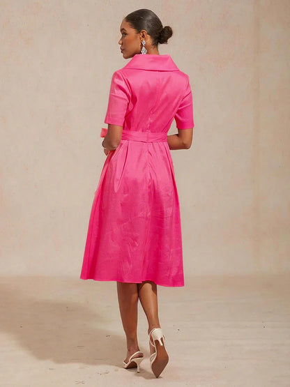 Collar Stretch Taffeta Dress with Tie Waist Belt