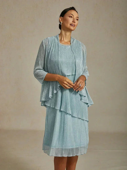 Metallic Pleated Chiffon Long Jacket with Layered Design