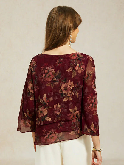 Lace Chiffon Layered Blouse with Floral Print