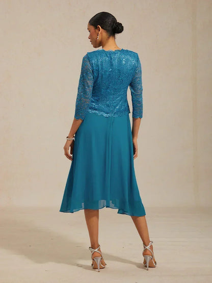 Elegant Lace and Chiffon Tea-Length Dress