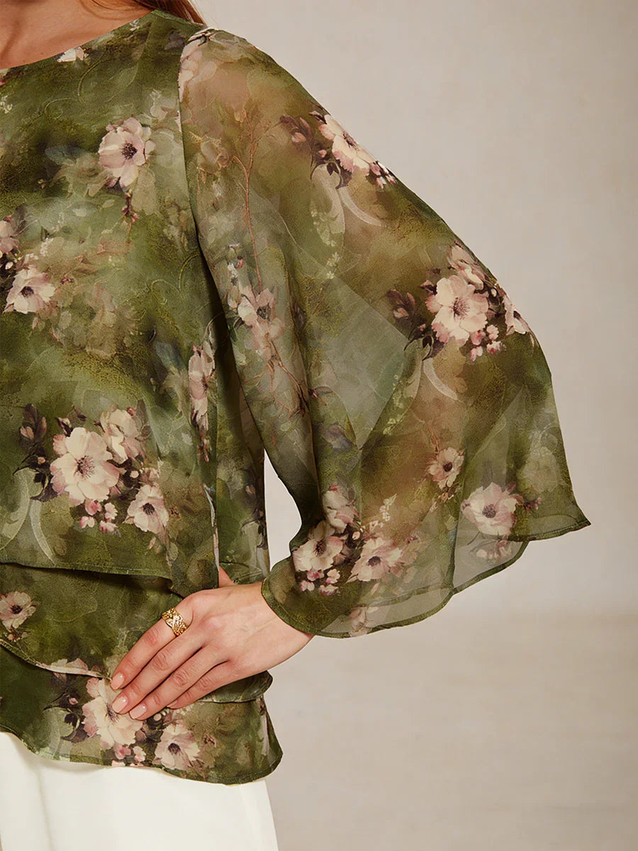 Lace Chiffon Layered Blouse with Floral Print