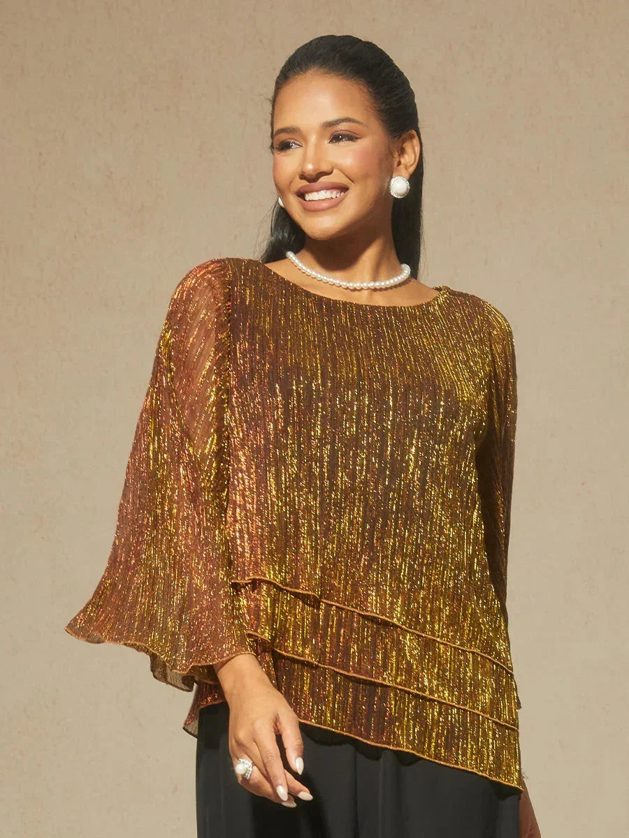 Blouse métallisée en mousseline plissée à pans asymétriques