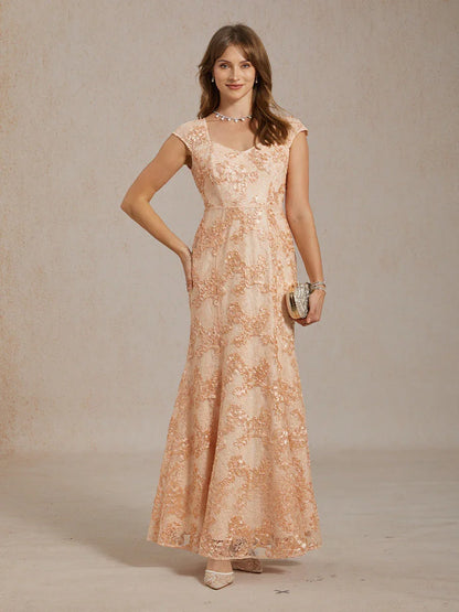 Rosette Lace Cap Sleeve V-neck Mermaid Gown