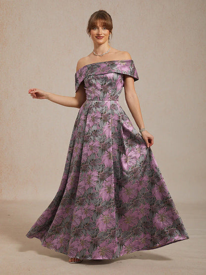 Off the Shoulder Metallic Floral Jacquard Ballgown