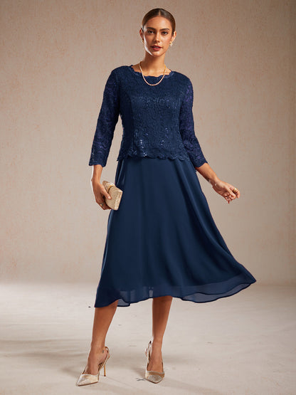 Elegant Lace and Chiffon Tea-Length Dress