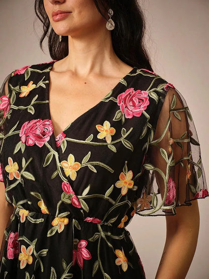 Floral Embroidery Mesh Midi Dress
