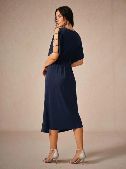 Stretch Knot Front Dress with Front Slit & Embellished Sleeve Cutouts