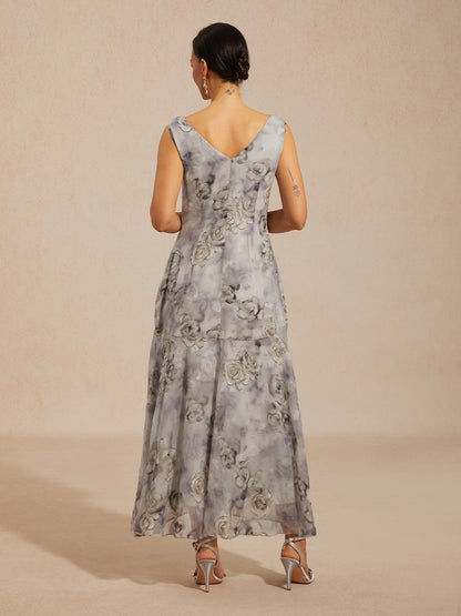 Floral Cowl Neck Tea-Length Dress with Flounce Hem