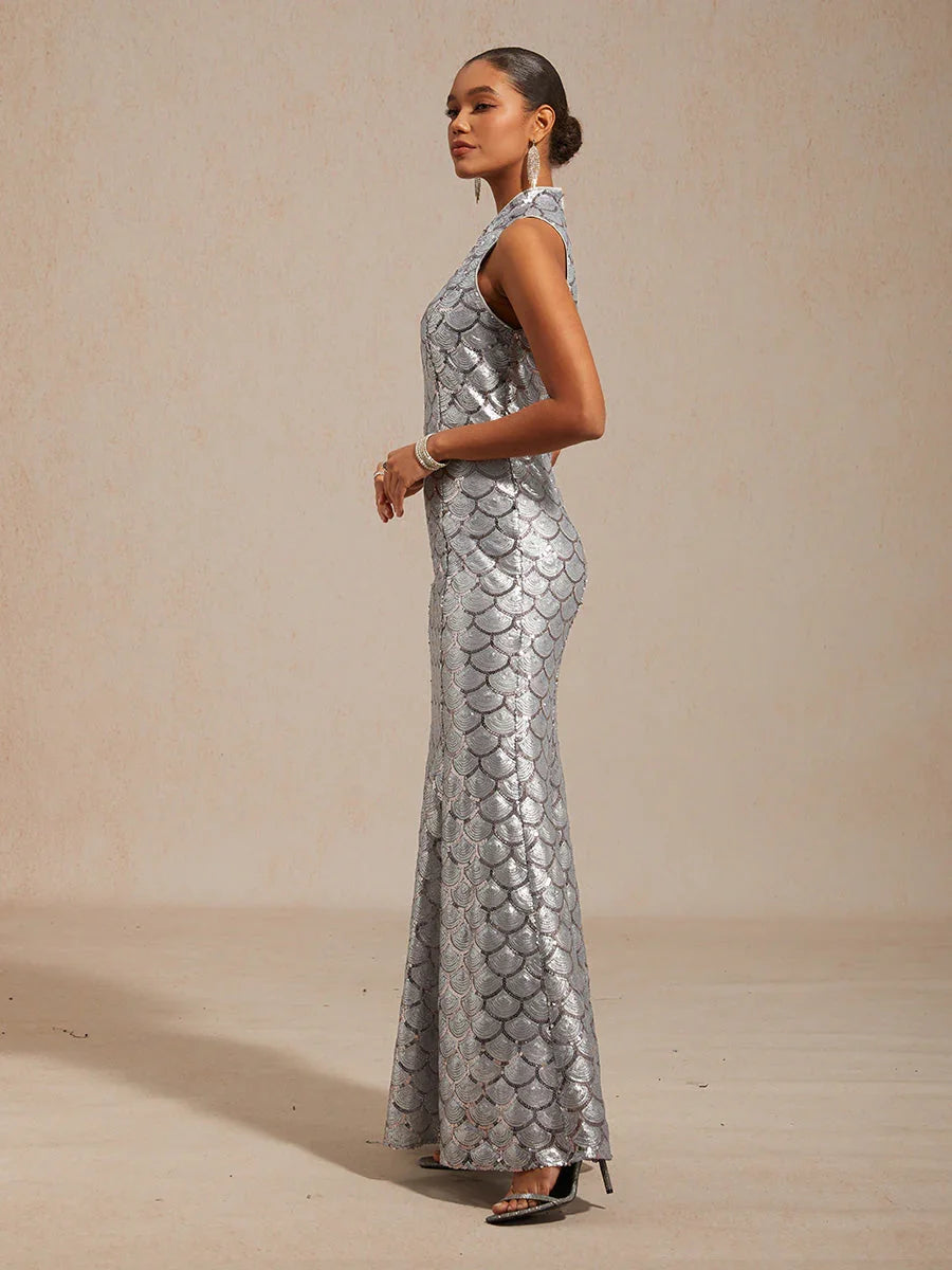 Sleeveless Fitted Mermaid Dress with Sequins