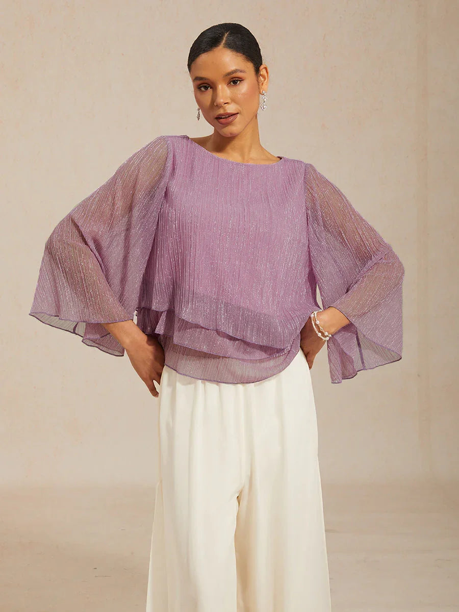 Asymmetrische Lagenbluse aus metallisch schimmerndem, plissiertem Chiffon