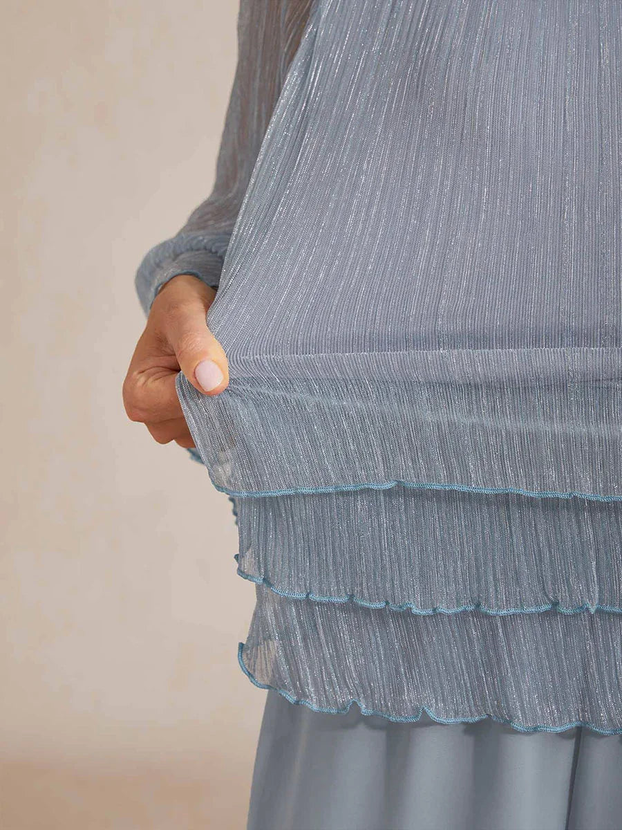 Metallic Pleated Chiffon Asymmetrical Layered Blouse