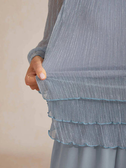Metallic Pleated Chiffon Asymmetrical Layered Blouse