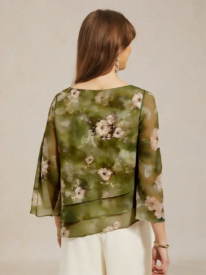 Lace Chiffon Layered Blouse with Floral Print