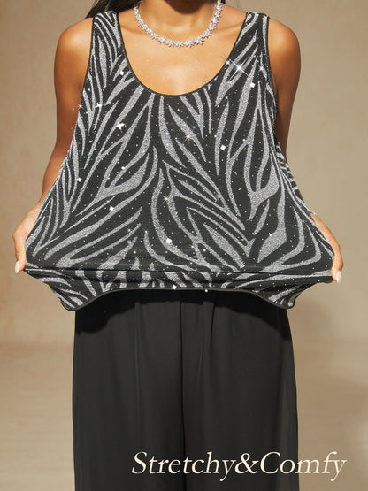 Elegant Mandarin Collar Twinset with Rhinestone-Embellished Zebra Print