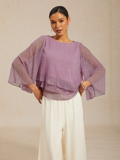 Metallic Pleated Chiffon Asymmetrical Layered Blouse