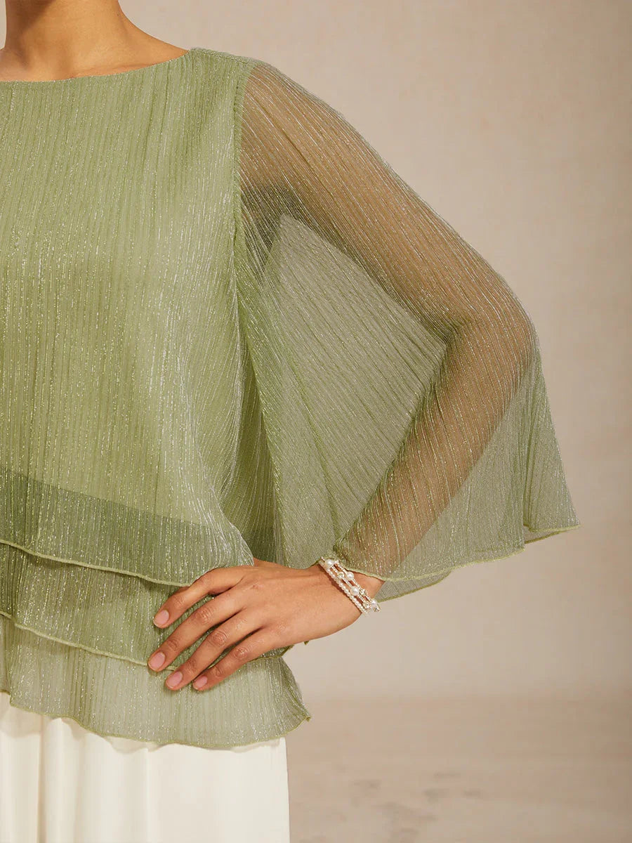 Asymmetrische Lagenbluse aus metallisch schimmerndem, plissiertem Chiffon