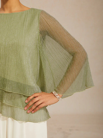 Asymmetrische Lagenbluse aus metallisch schimmerndem, plissiertem Chiffon