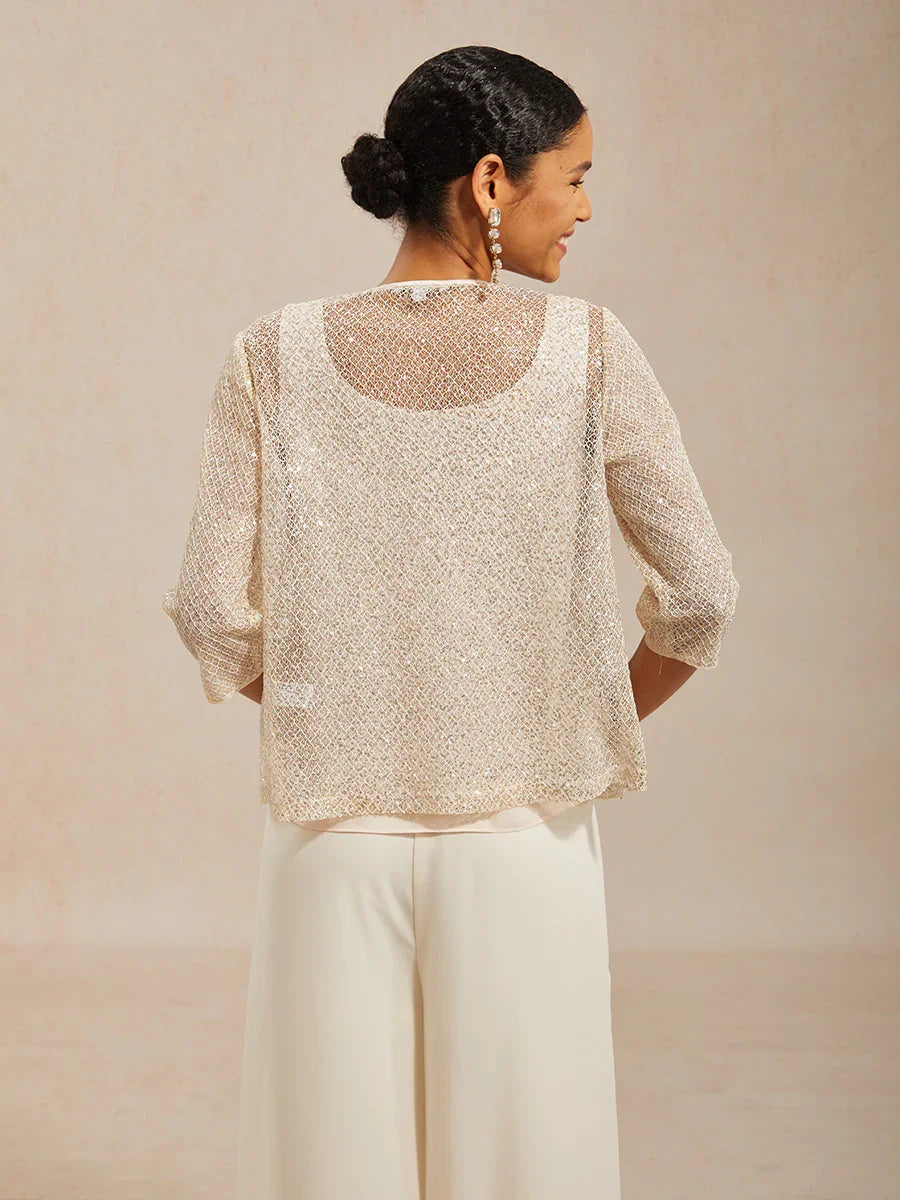 Sequin Mesh Round Neck 3/4 Sleeve Twinset
