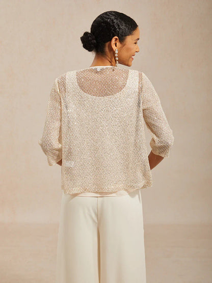 Sequin Mesh Round Neck 3/4 Sleeve Twinset
