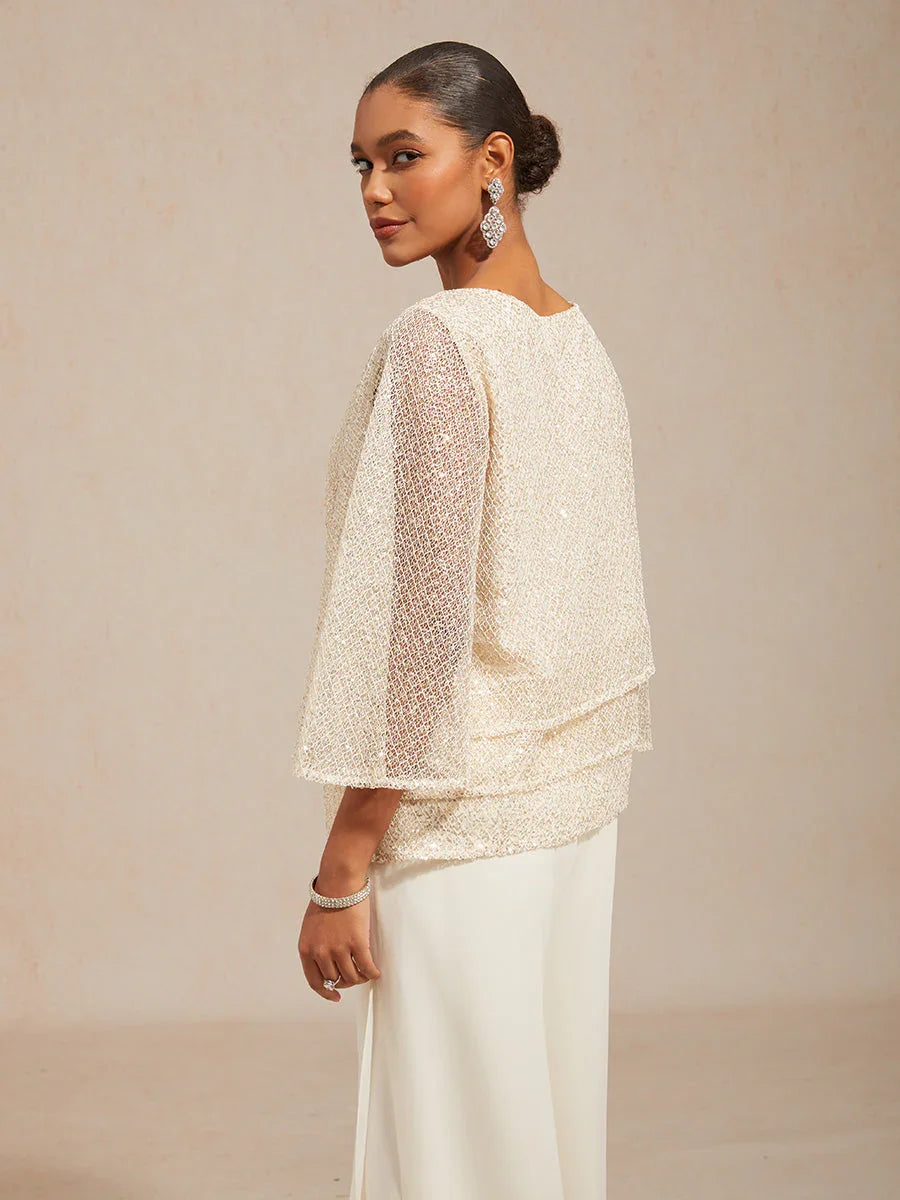 Bell Sleeves Mesh Sequin Layered Top