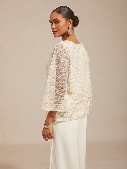 Bell Sleeves Mesh Sequin Layered Top
