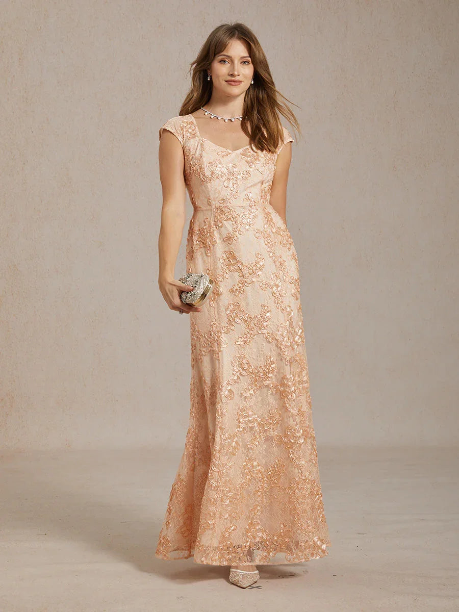 Rosette Lace Cap Sleeve V-neck Mermaid Gown