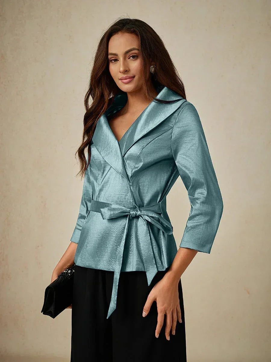 3/4 Sleeve Stretch Taffeta Blouse with Tie Waist Detail