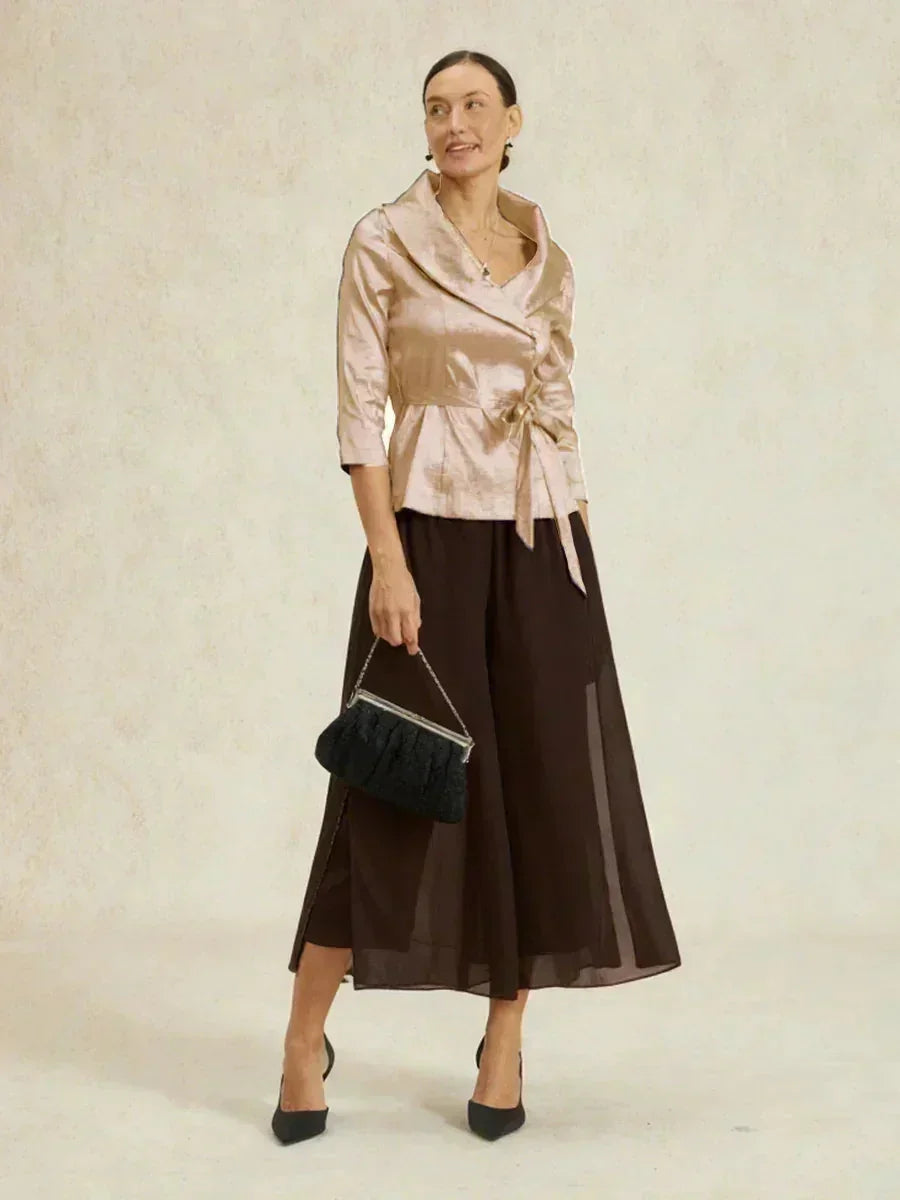 Cropped Length Straight Leg Pant With Chiffon Split Leg Overlay