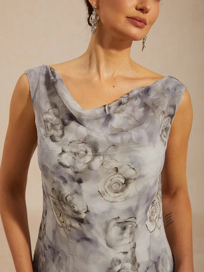 Robe longue à col bénitier et ourlet à volants