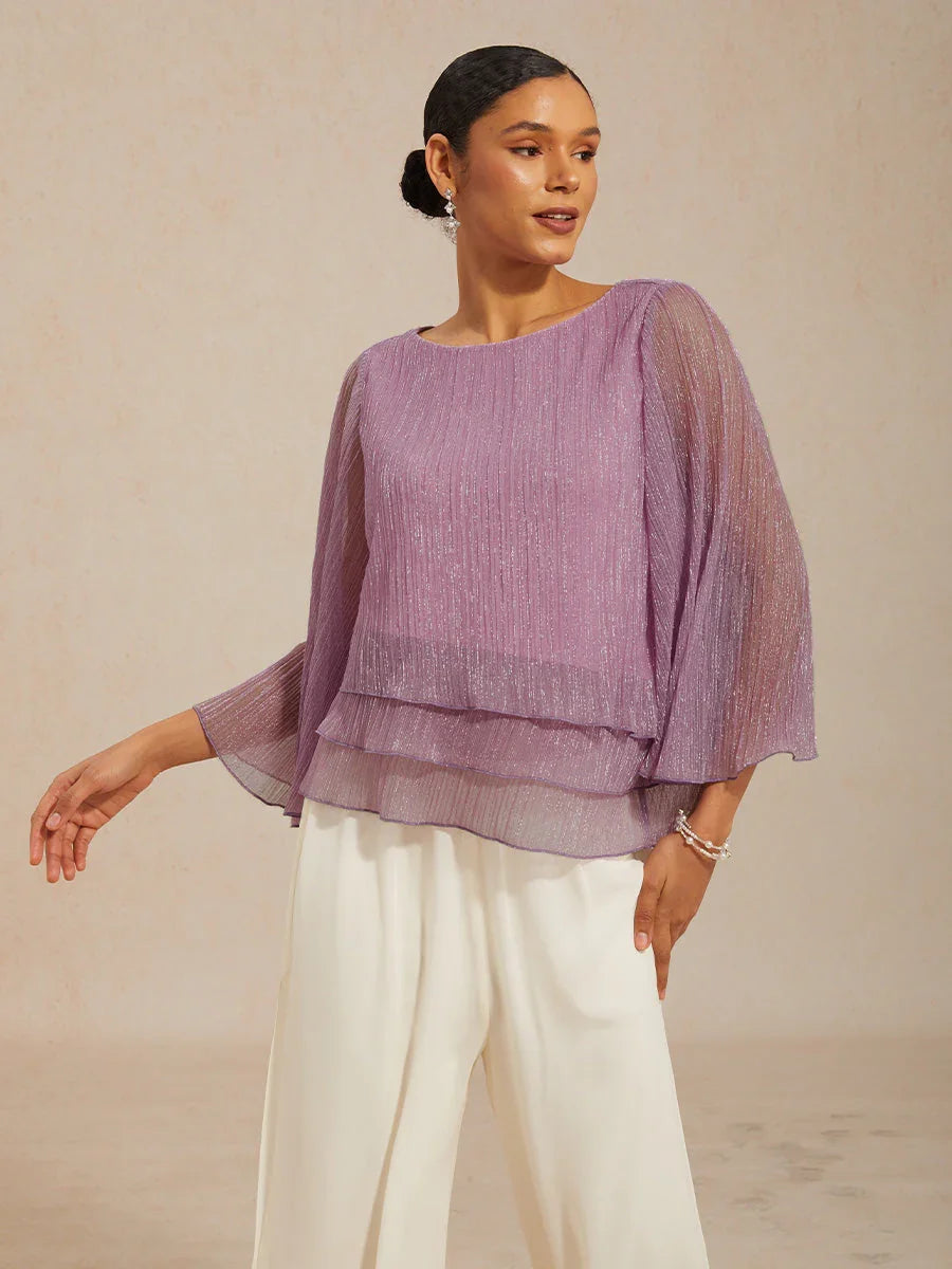 Asymmetrische Lagenbluse aus metallisch schimmerndem, plissiertem Chiffon