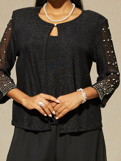 Beaded 3/4 Sleeve Metallic Knit Blouse