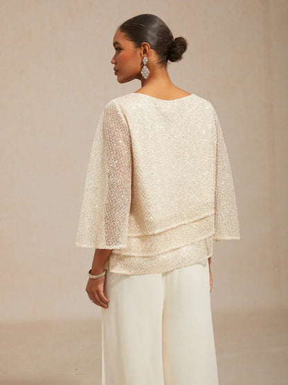 Bell Sleeves Mesh Sequin Layered Top