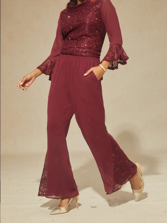Mid-rise Chiffon Flared Pants with Lace Trim