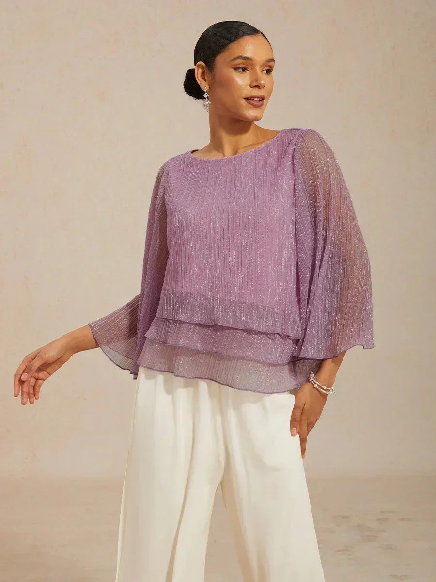 Metallic Pleated Chiffon Asymmetrical Layered Blouse