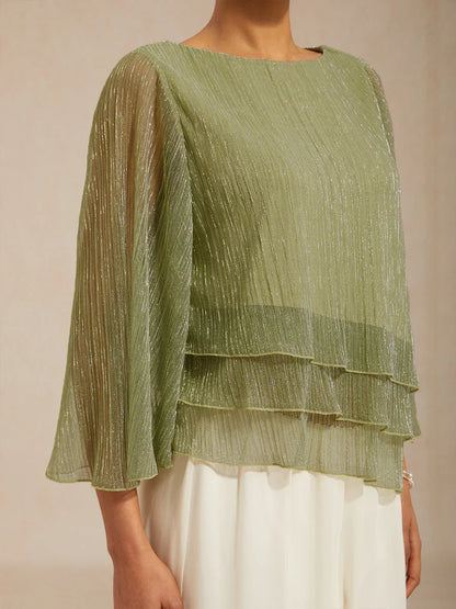 Asymmetrische Lagenbluse aus metallisch schimmerndem, plissiertem Chiffon