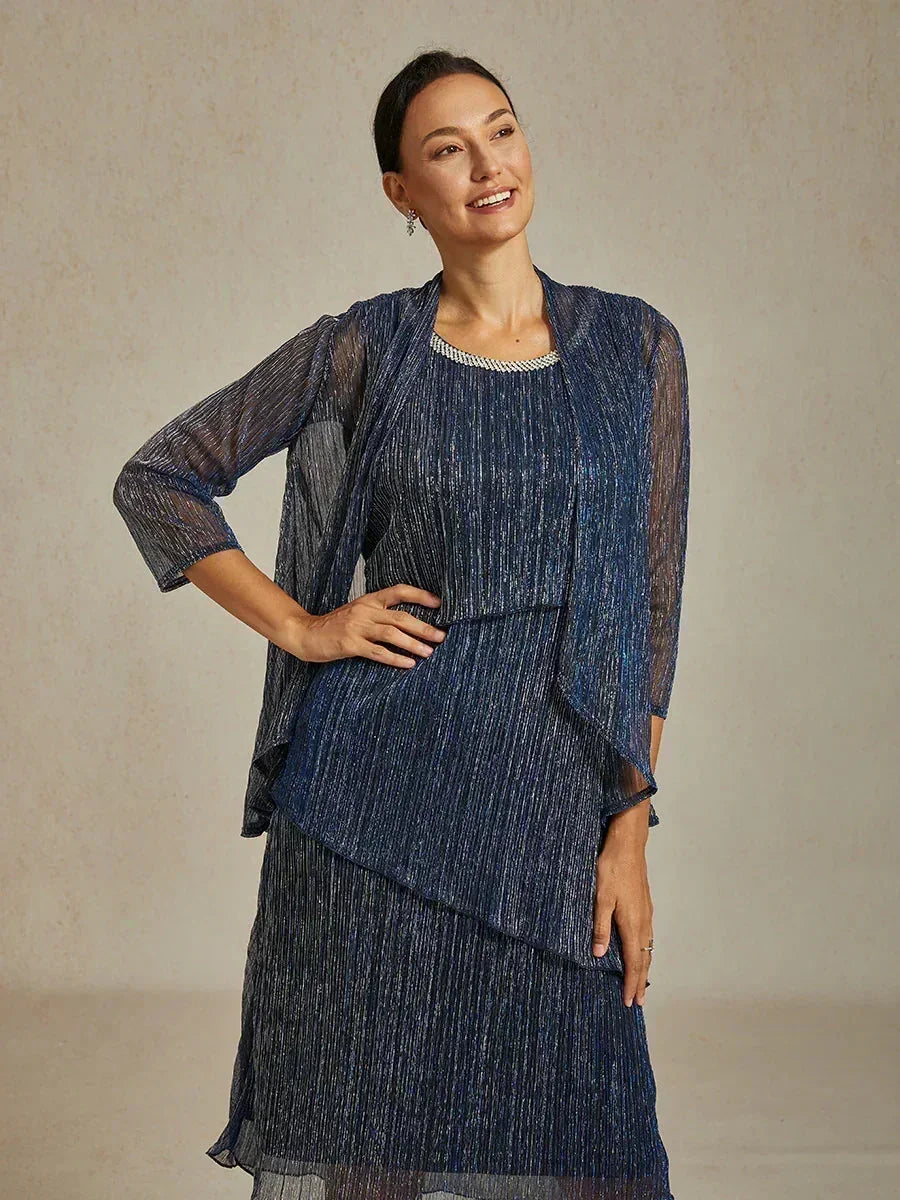 Metallic Pleated Chiffon Long Jacket with Layered Design