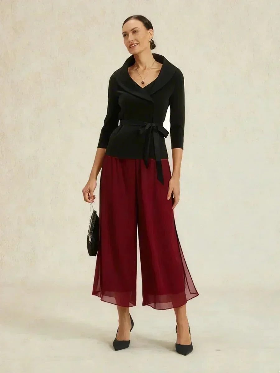 Cropped Length Straight Leg Pant With Chiffon Split Leg Overlay