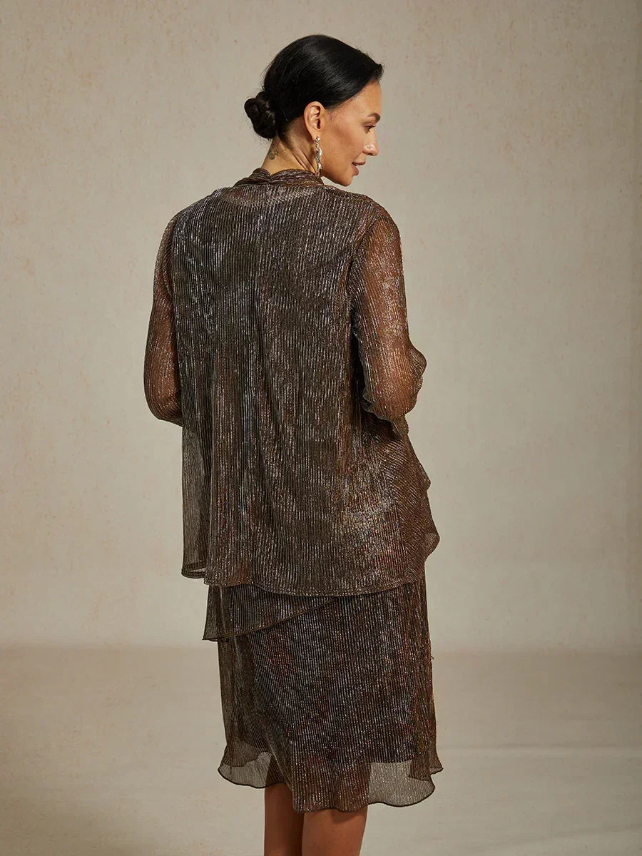 Metallic Pleated Chiffon Long Jacket with Layered Design
