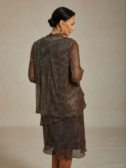 Metallic Pleated Chiffon Long Jacket with Layered Design