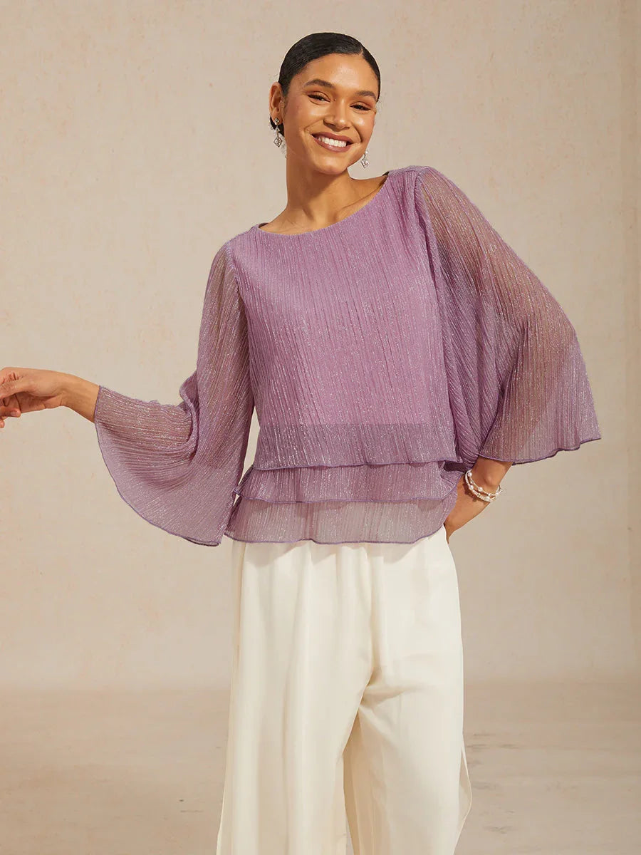 Asymmetrische Lagenbluse aus metallisch schimmerndem, plissiertem Chiffon