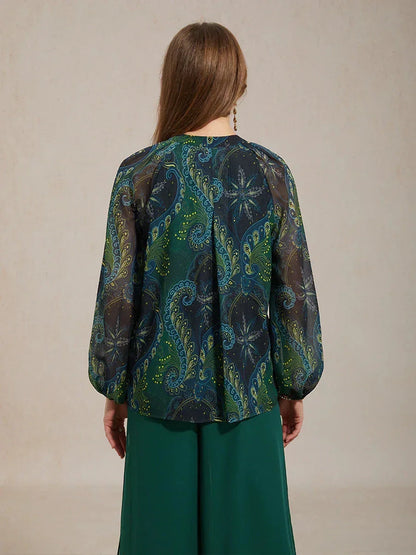 Paisley Chiffon Peasant Blouse with Long Lantern Sleeves