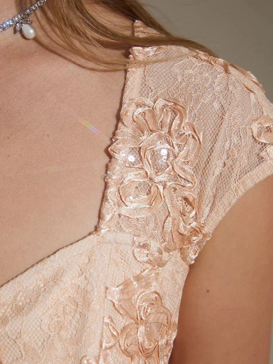 Rosette Lace Cap Sleeve V-neck Mermaid Gown