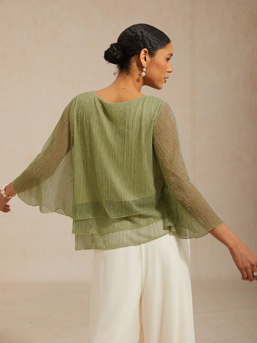 Asymmetrische Lagenbluse aus metallisch schimmerndem, plissiertem Chiffon