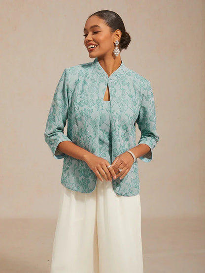 Floral Knit Jacquard Mandarin Collar Twinset