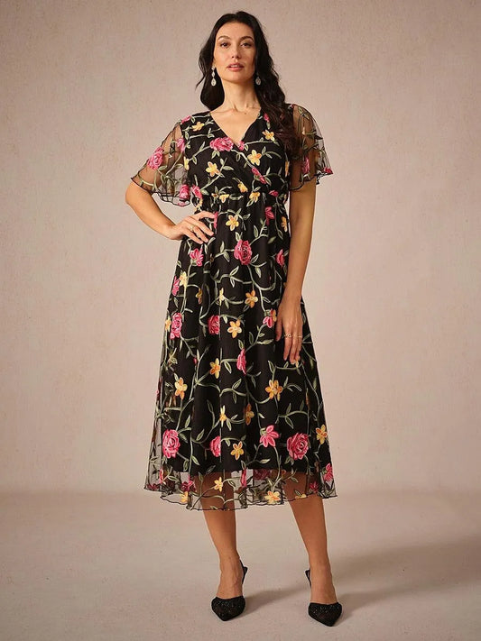 Floral Embroidery Mesh Midi Dress